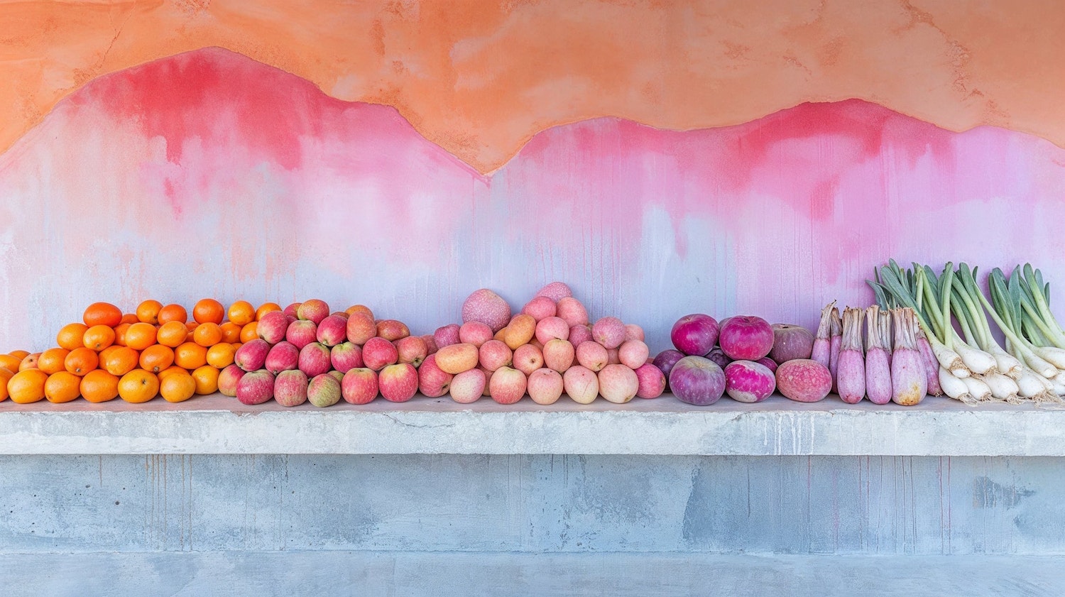 Fresh fruit and vegetables laid out on a shelf