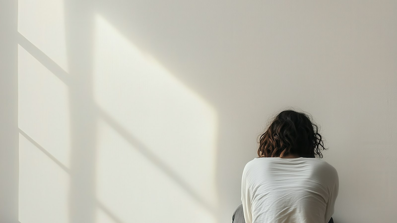 A person sitting on a wooden floor facing a sunlit wall