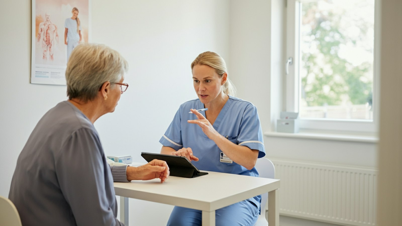 A nurse in blue scrubs with a tablet talks with an older woman across a clinic table