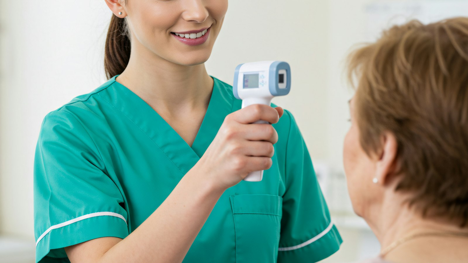 A healthcare worker checking a patient's temperature with an infrared thermometer