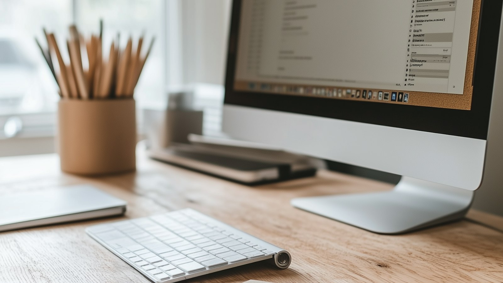 A tidy desk with a computer, keyboard and pencils
