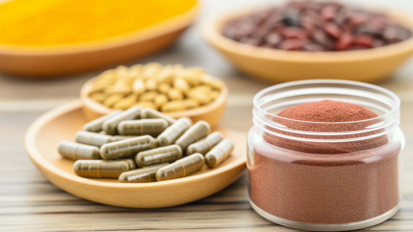Supplement capsules on a wooden dish beside a glass jar of red powder