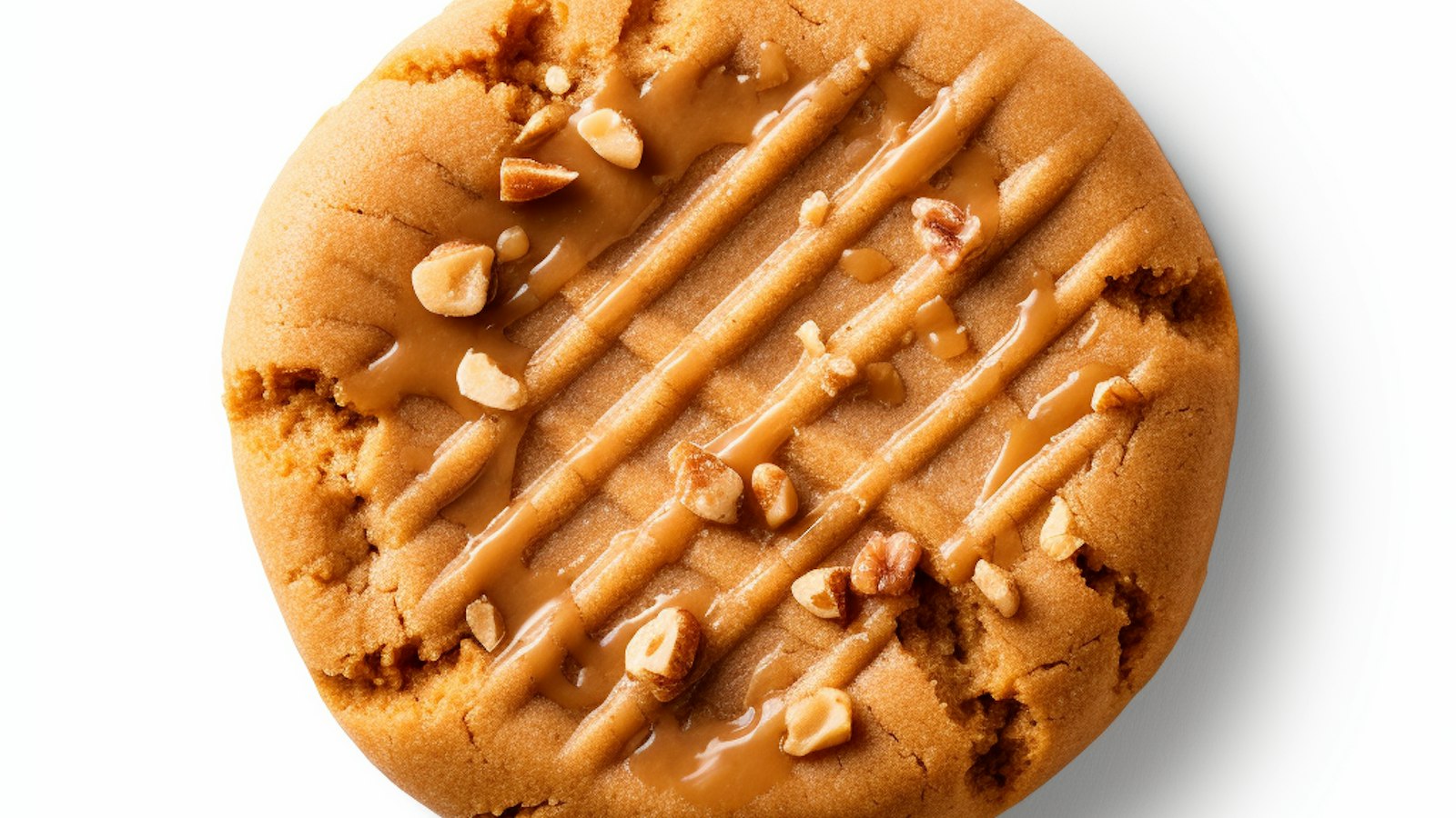 Close-up of a peanut butter cookie with fork marks, chopped nuts, and drizzled peanut butter