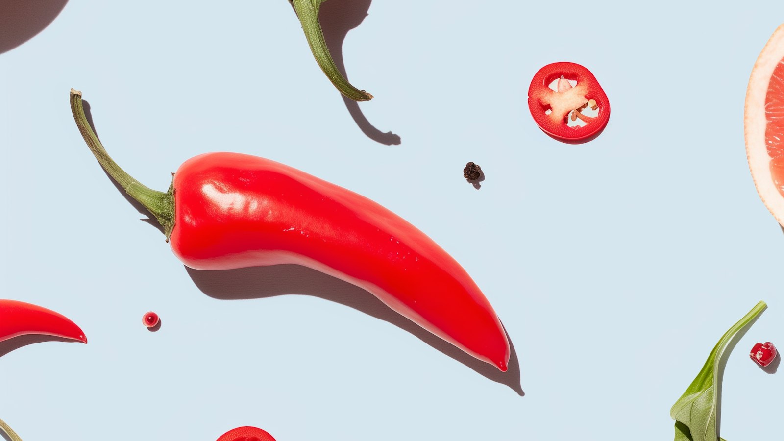 Red chili peppers, a pepper slice, and half a grapefruit on a pale blue background
