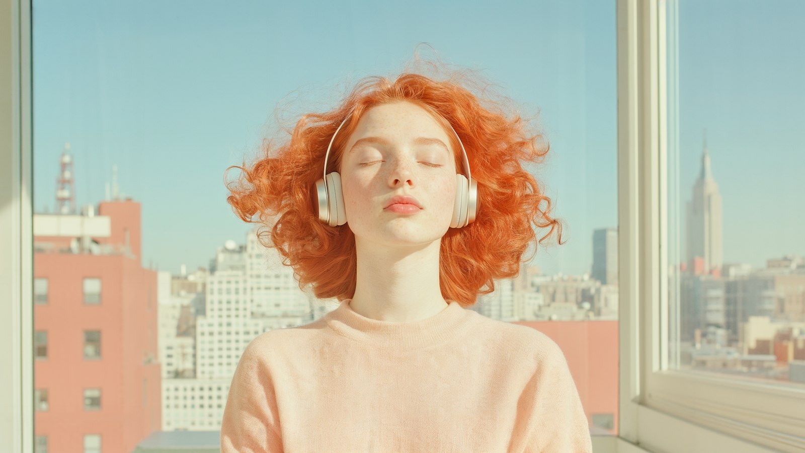 A red-haired woman with eyes closed wearing headphones in front of a city skyline window