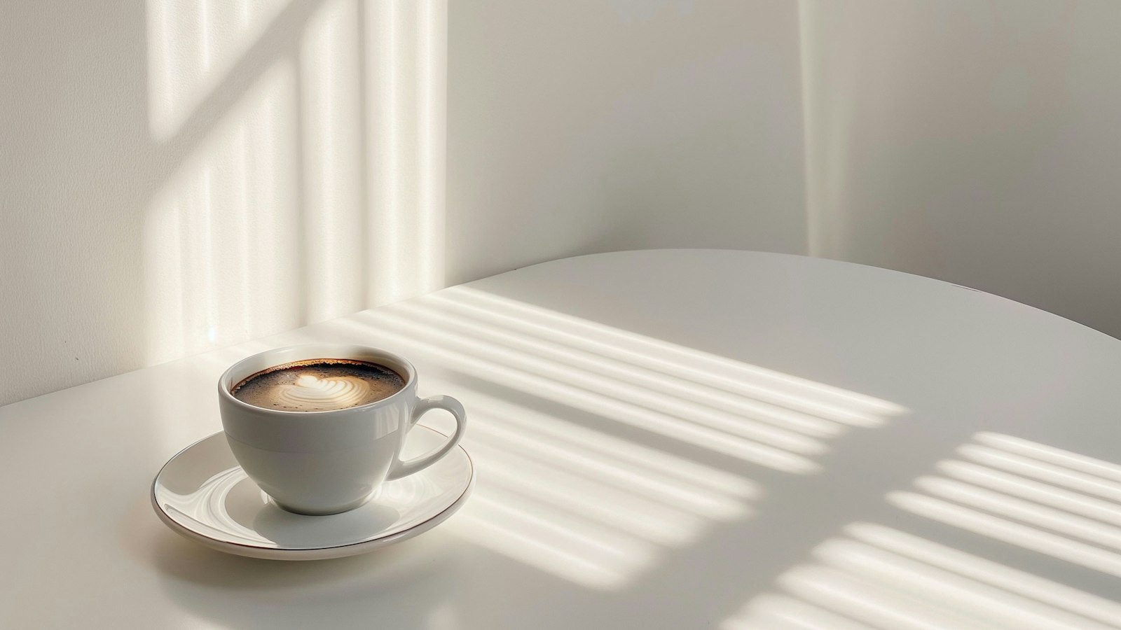 A cup of coffee on a saucer in sunlight