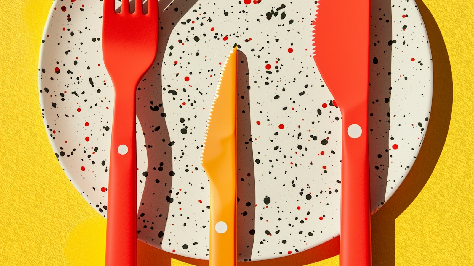 Empty speckled plate with red and orange plastic fork and knives on a yellow background