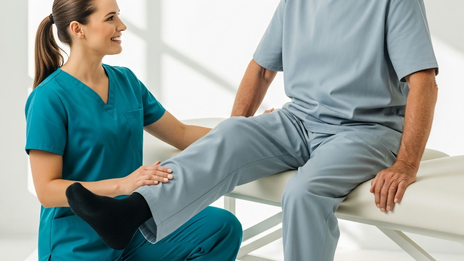 A clinician in teal scrubs supports the raised leg of a seated patient on an exam table