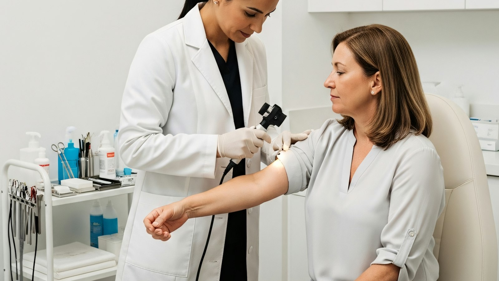 A doctor in a white coat examines a woman's upper arm with a handheld dermatoscope