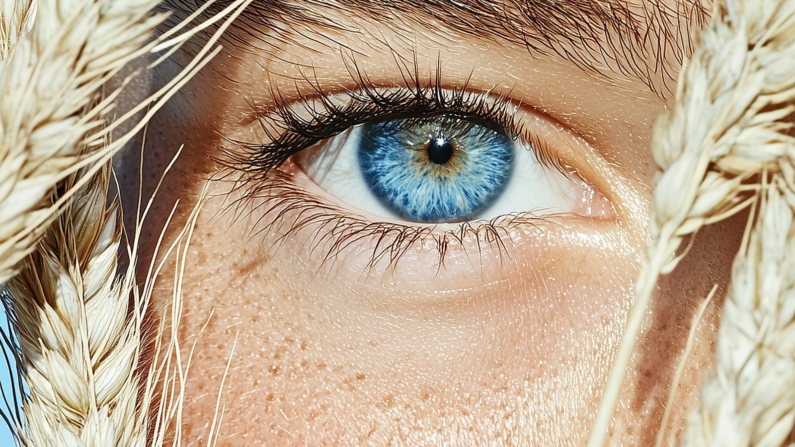 Close-up of a blue eye with freckled skin framed by golden wheat stalks