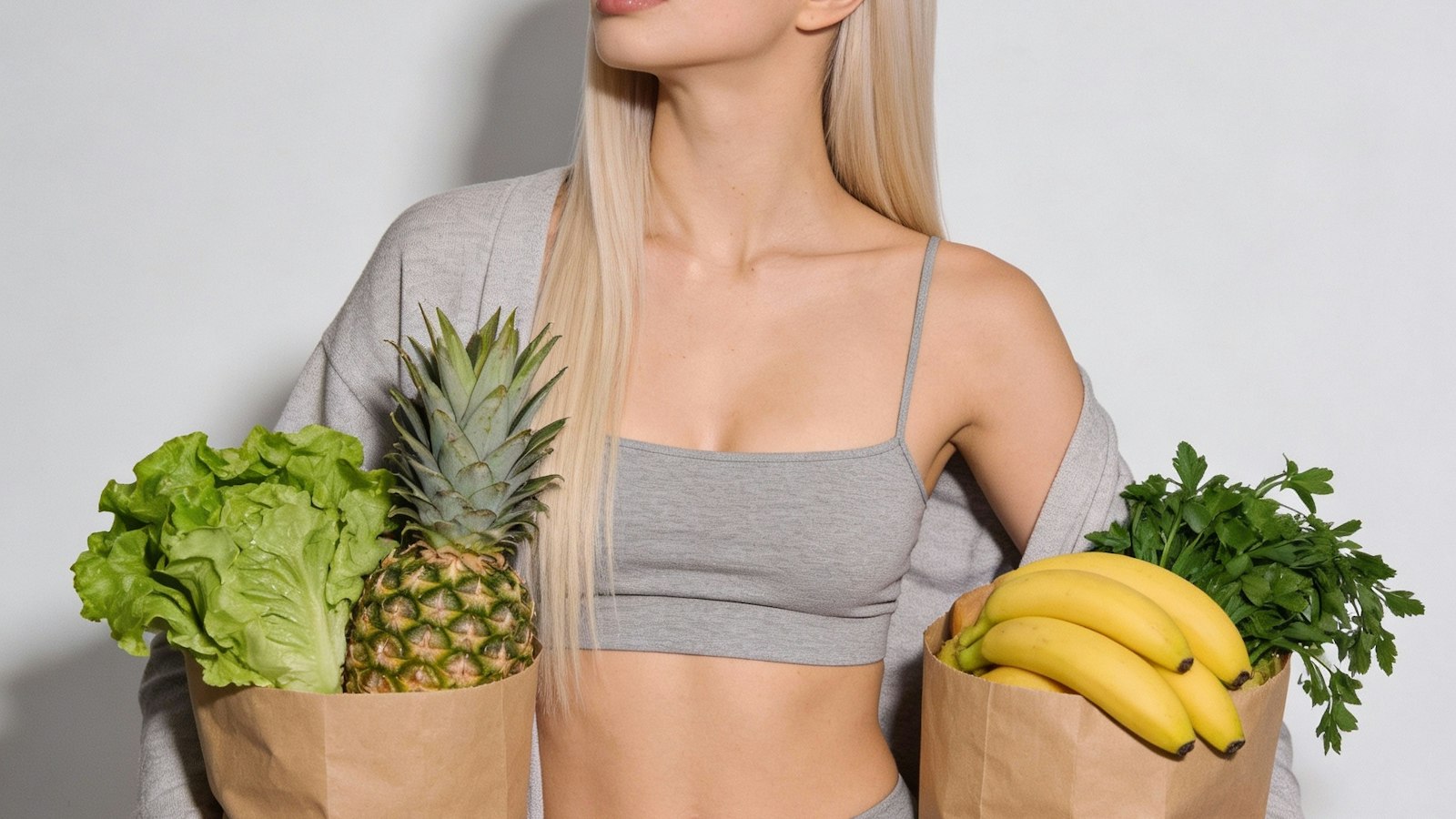 Woman holding paper grocery bags with lettuce, pineapple, bananas, and parsley