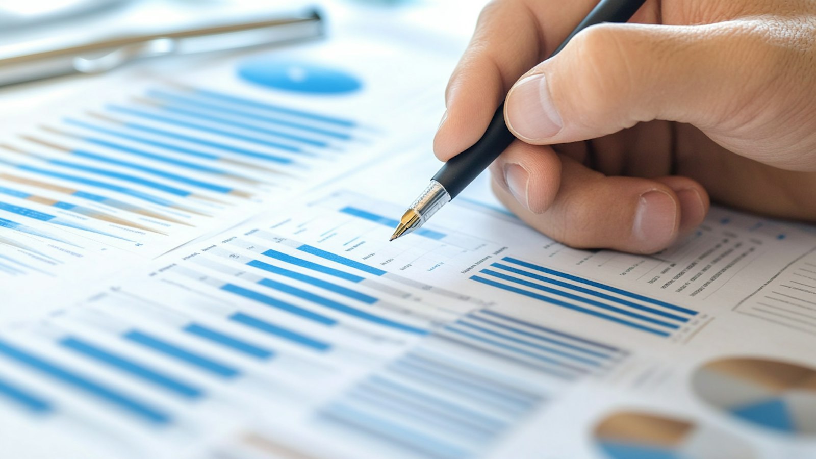 A hand holding a pen over printed reports covered in blue bar charts