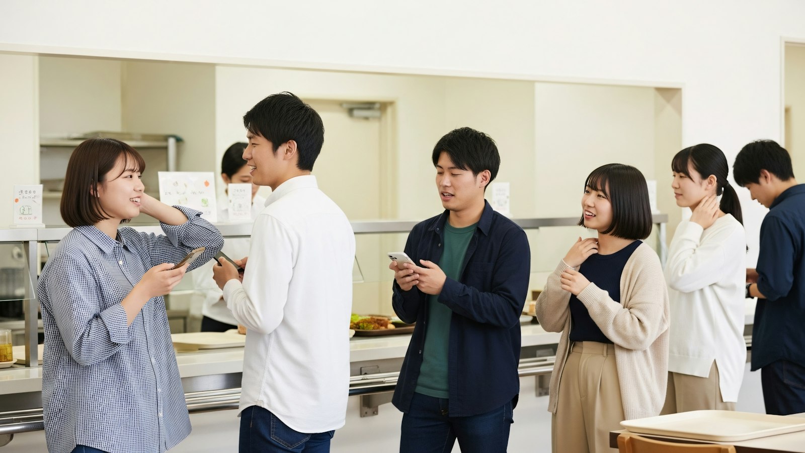 A group of young adults waiting in a cafeteria line