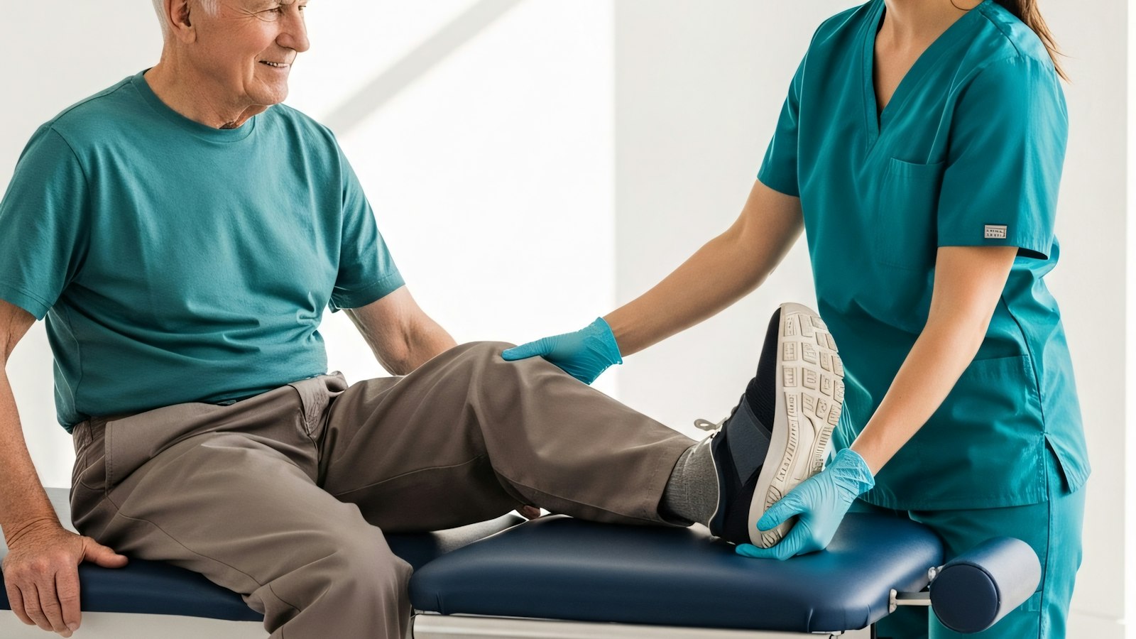 A healthcare professional guiding an older man through a leg exercise