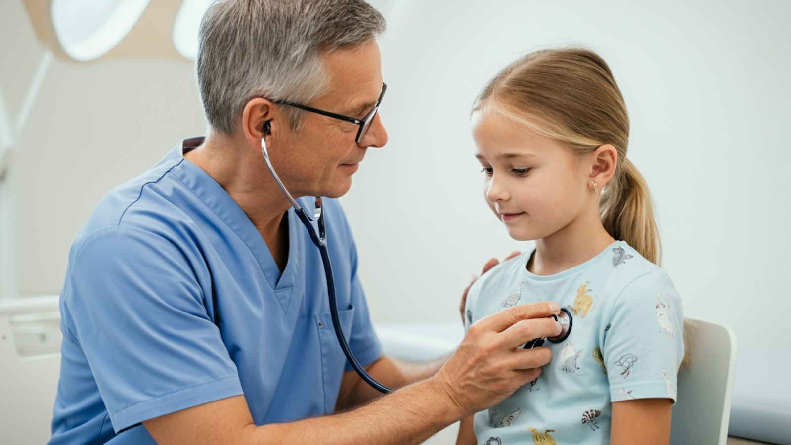 Clinician in blue scrubs listening to a young girl's chest with a stethoscope