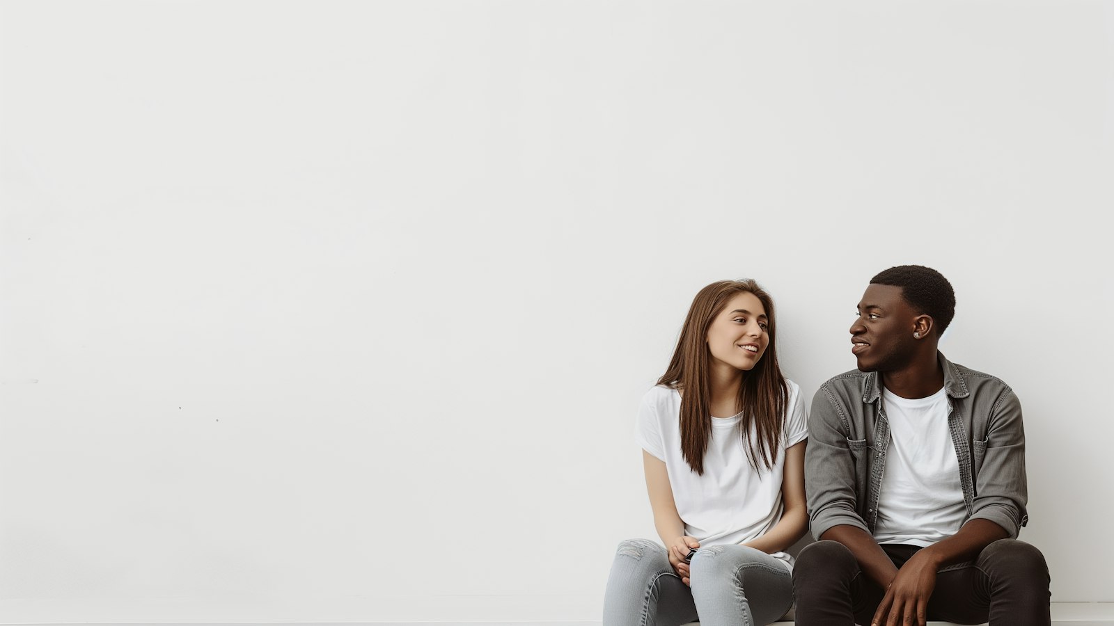 Two people sitting together, smiling and talking