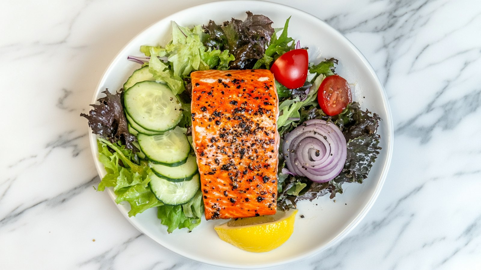 Seared salmon fillet on mixed greens with cucumber, cherry tomatoes, red onion and a lemon wedge