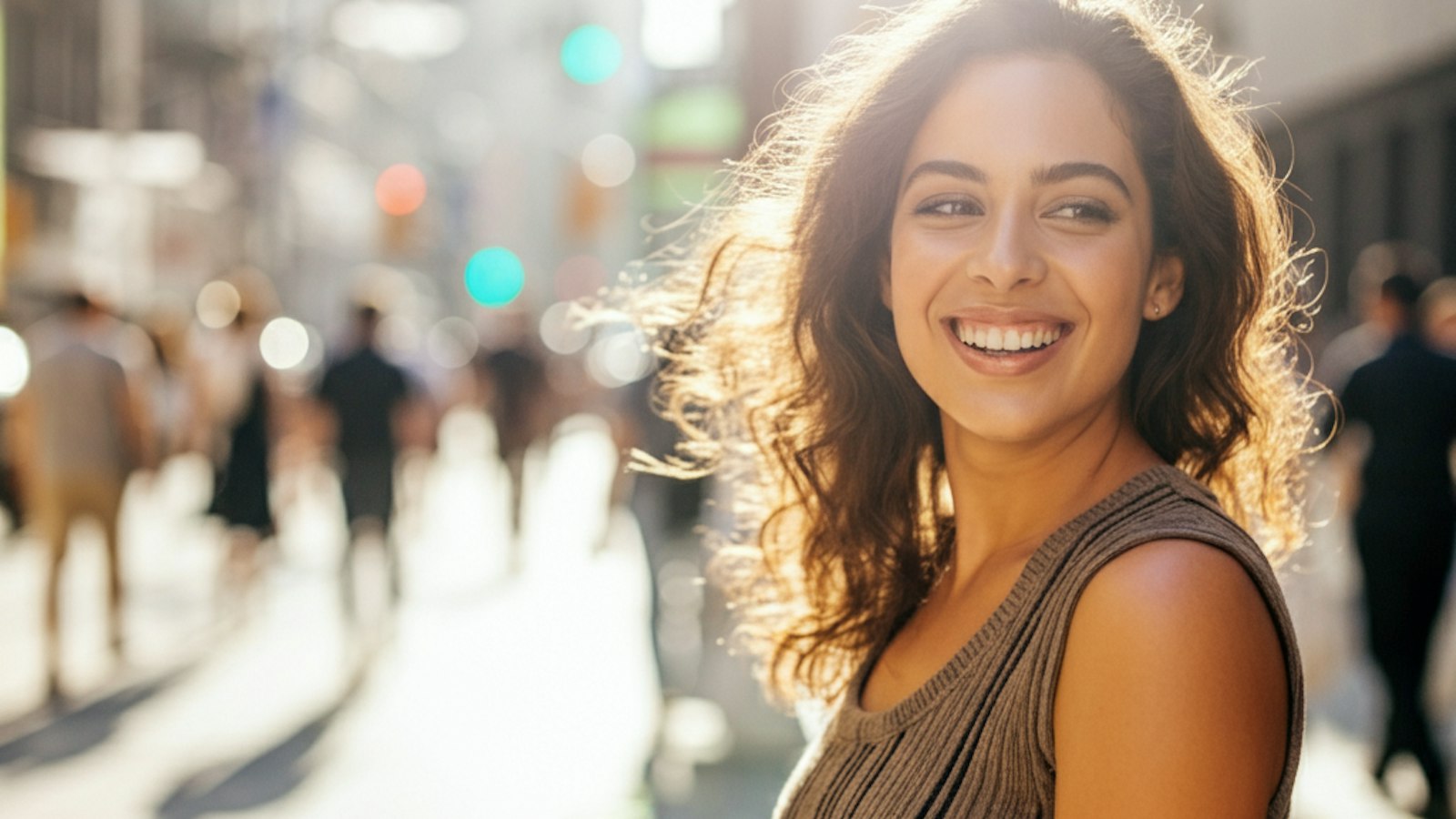 Smiling woman with curly brown hair standing in bright sunlight on a busy city street