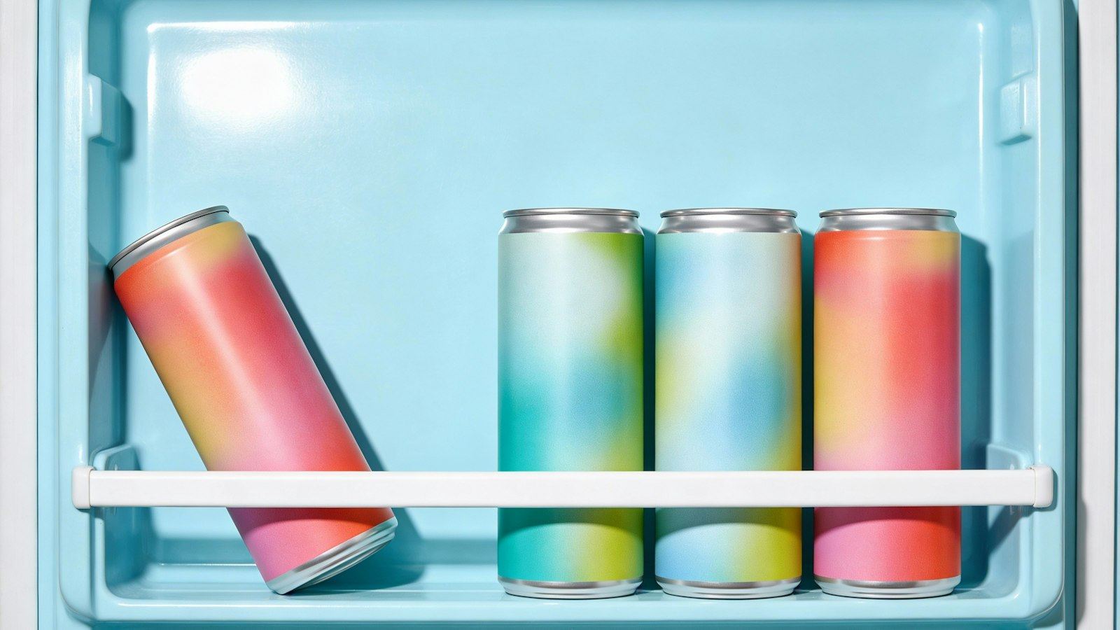 Four slim drink cans with pastel gradient labels on a light blue refrigerator door shelf