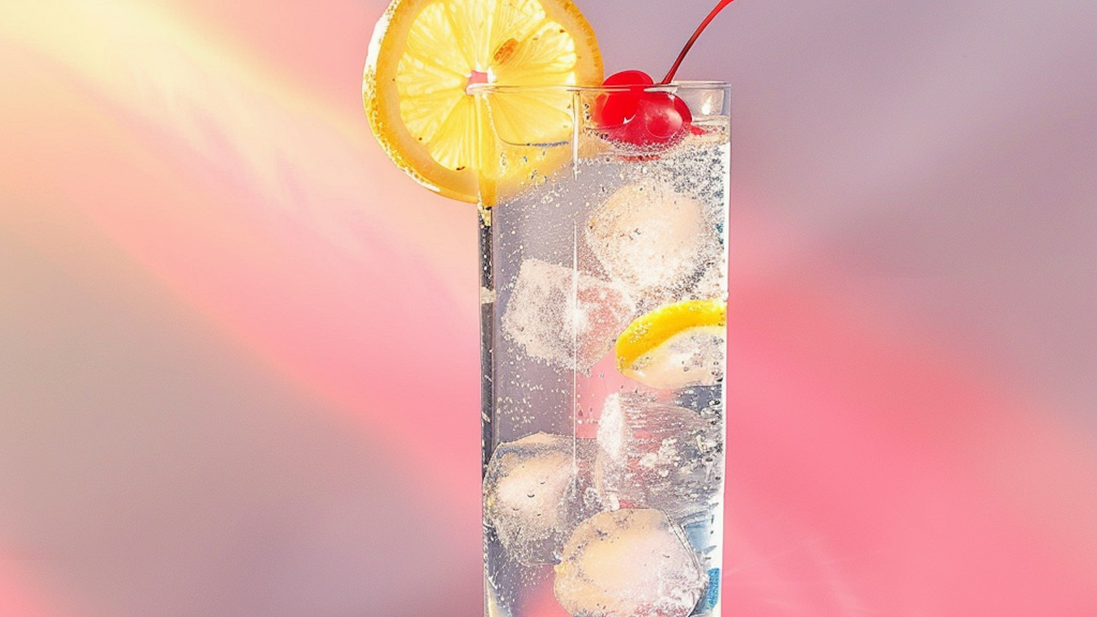 Tall glass of fizzy sparkling water with ice, lemon slices, and a cherry on pink background