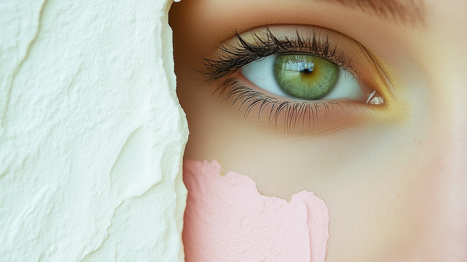Close-up of a green eye beside torn layers of white and pink paper