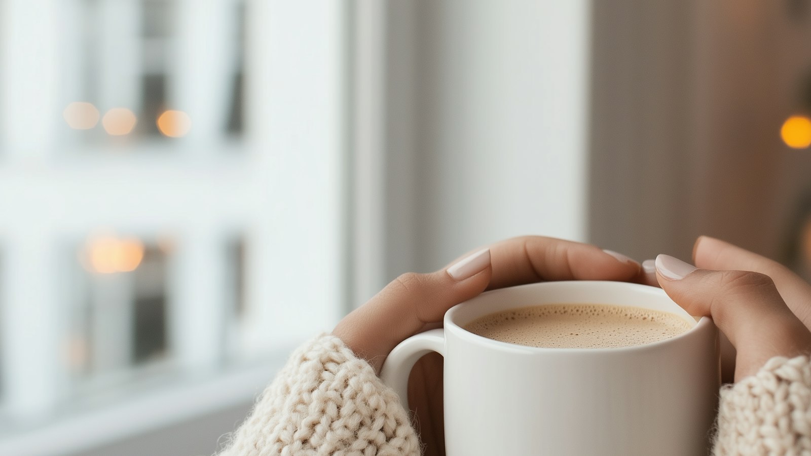 Hands in a knitted sweater holding a warm mug