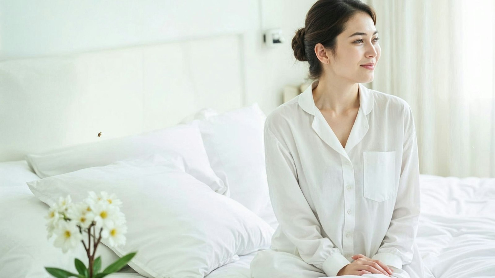 A woman in white pajamas sitting on a bed with white sheets and pillows