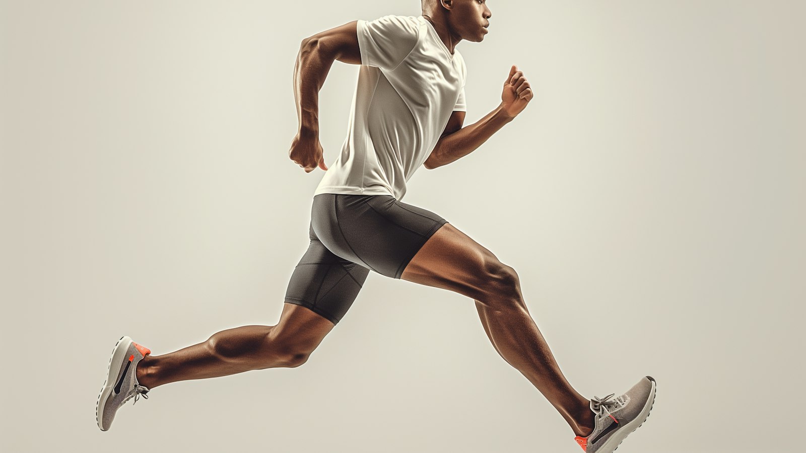 Man in a white T-shirt and black shorts running mid-stride against a plain background